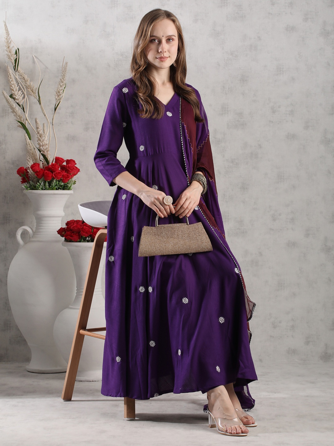 

DIVASTRI Floral Embroidered Thread Work Anarkali Kurta With Trouser And Dupatta, Purple