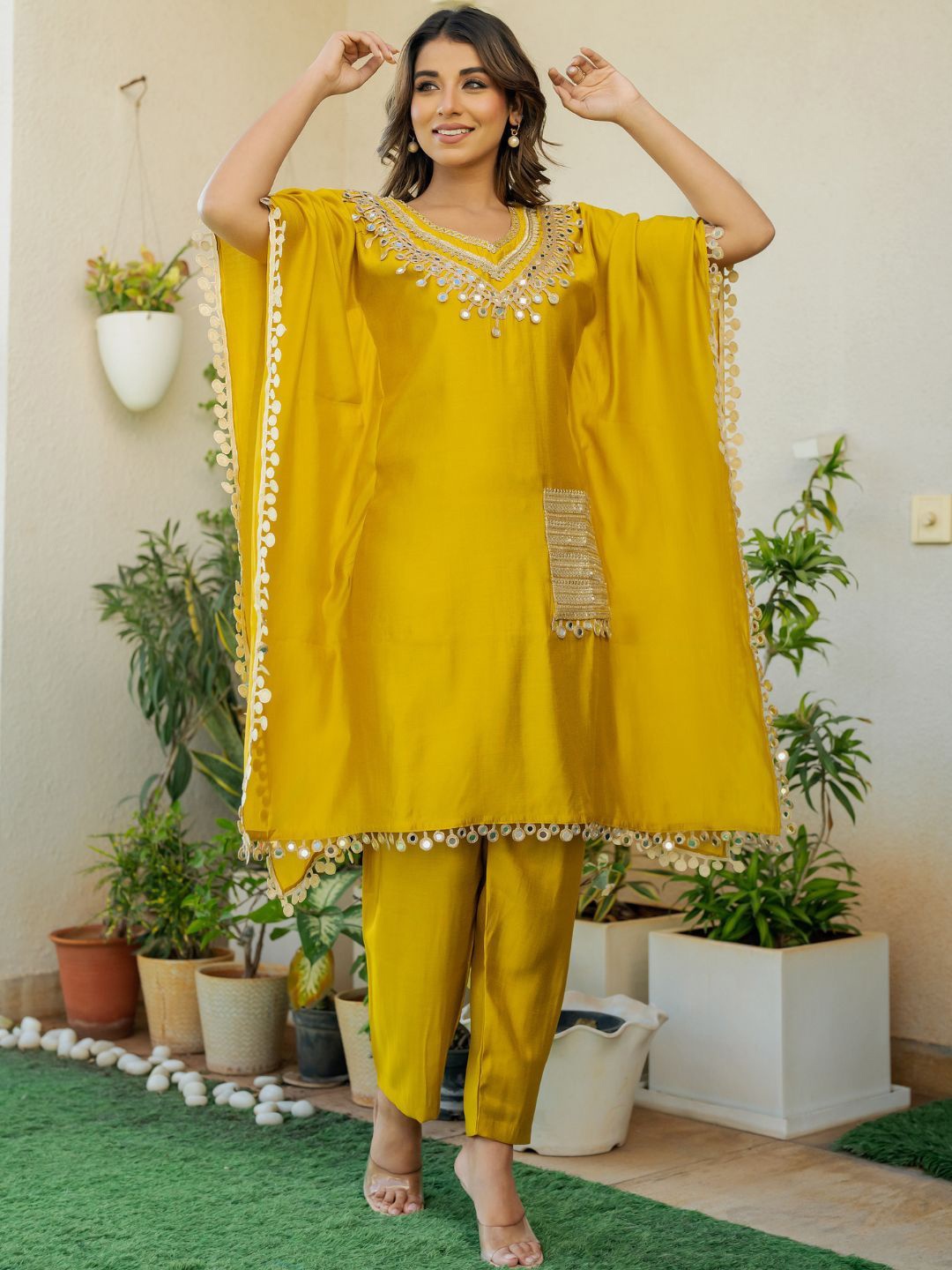 

HOUSE OF JAMOTI Dijon Women Embroidered Mirror Work Gotta Patti Kaftan Kurta with Trousers, Mustard