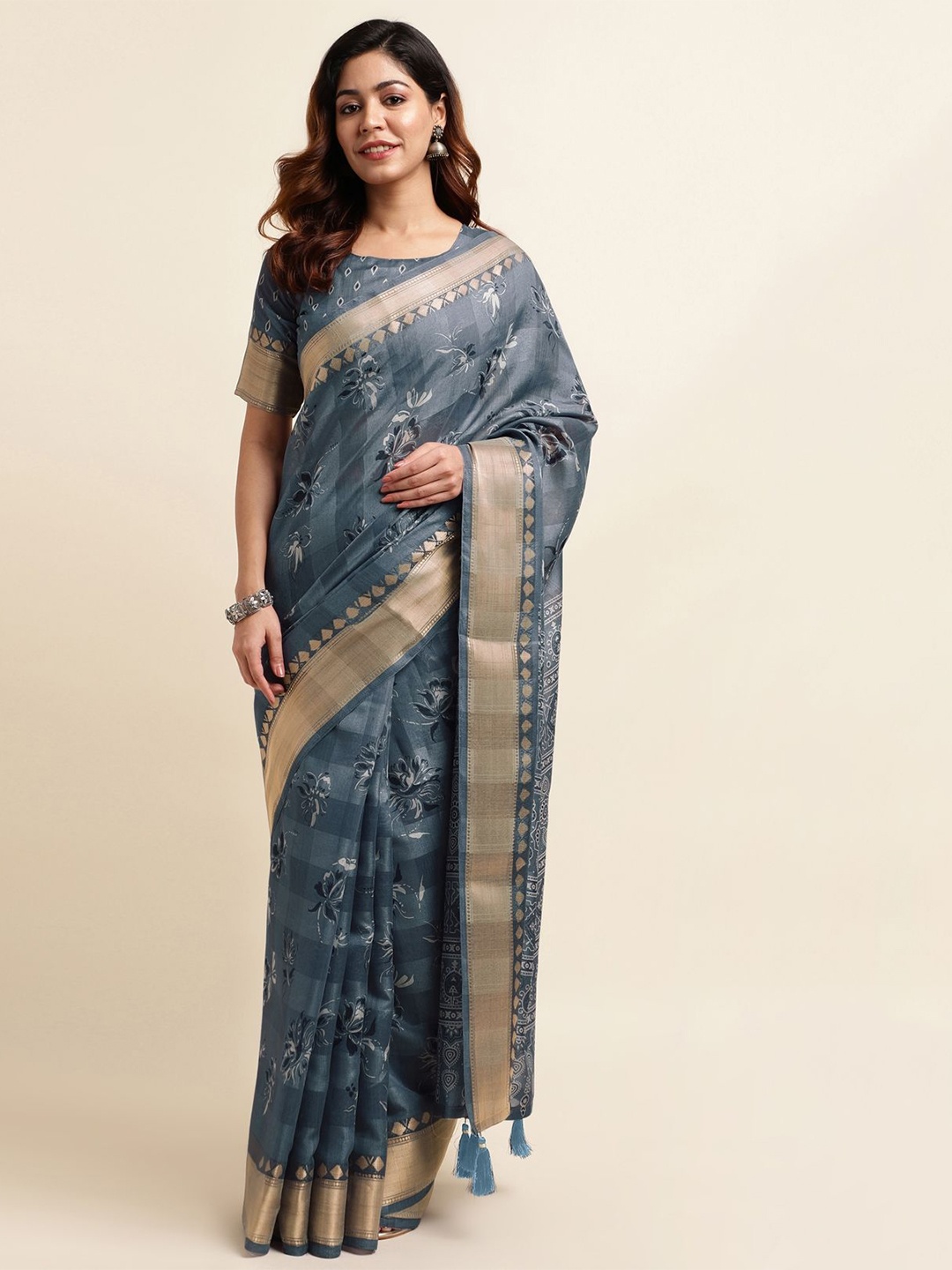 

KALINI Floral Printed Zari Saree, Blue