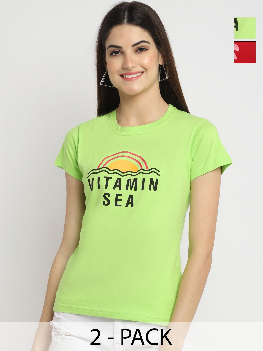 

Dreambe Women Pack Of 2 Graphic Printed Round Neck Cotton T-shirts, Green