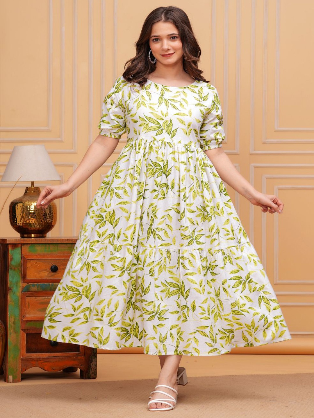 

Malia Floral Print Bell Sleeve Fit & Flare Midi Dress, Green