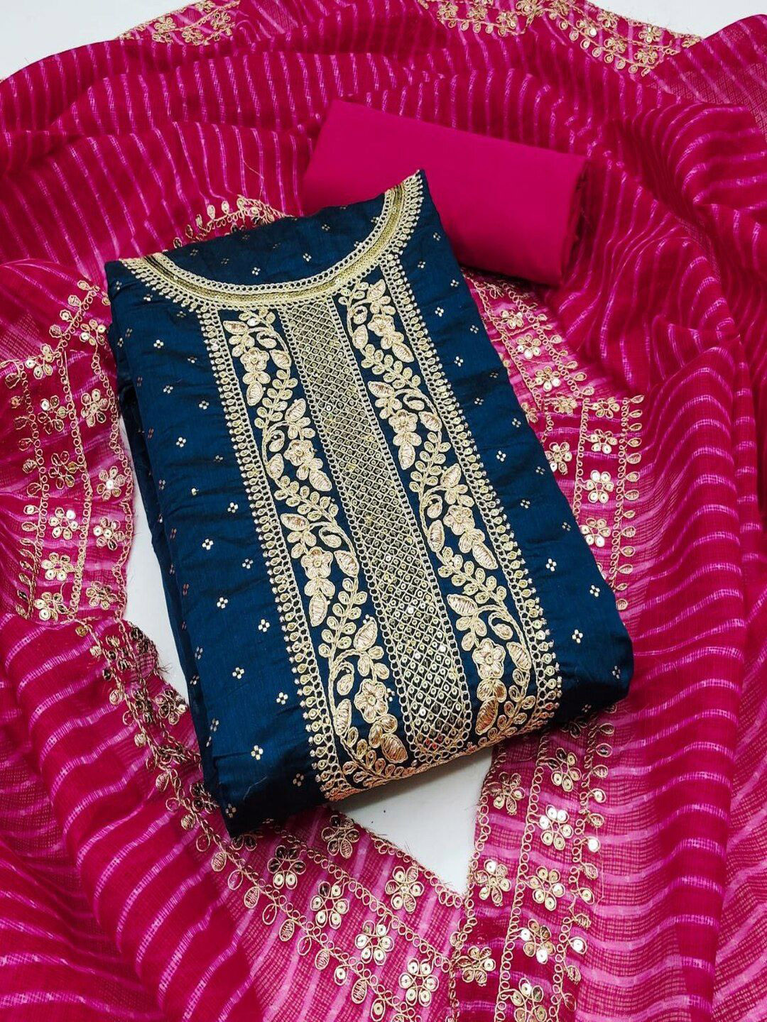 

SHIJILA Floral Embroidered Sequinned Unstitched Dress Material, Navy blue