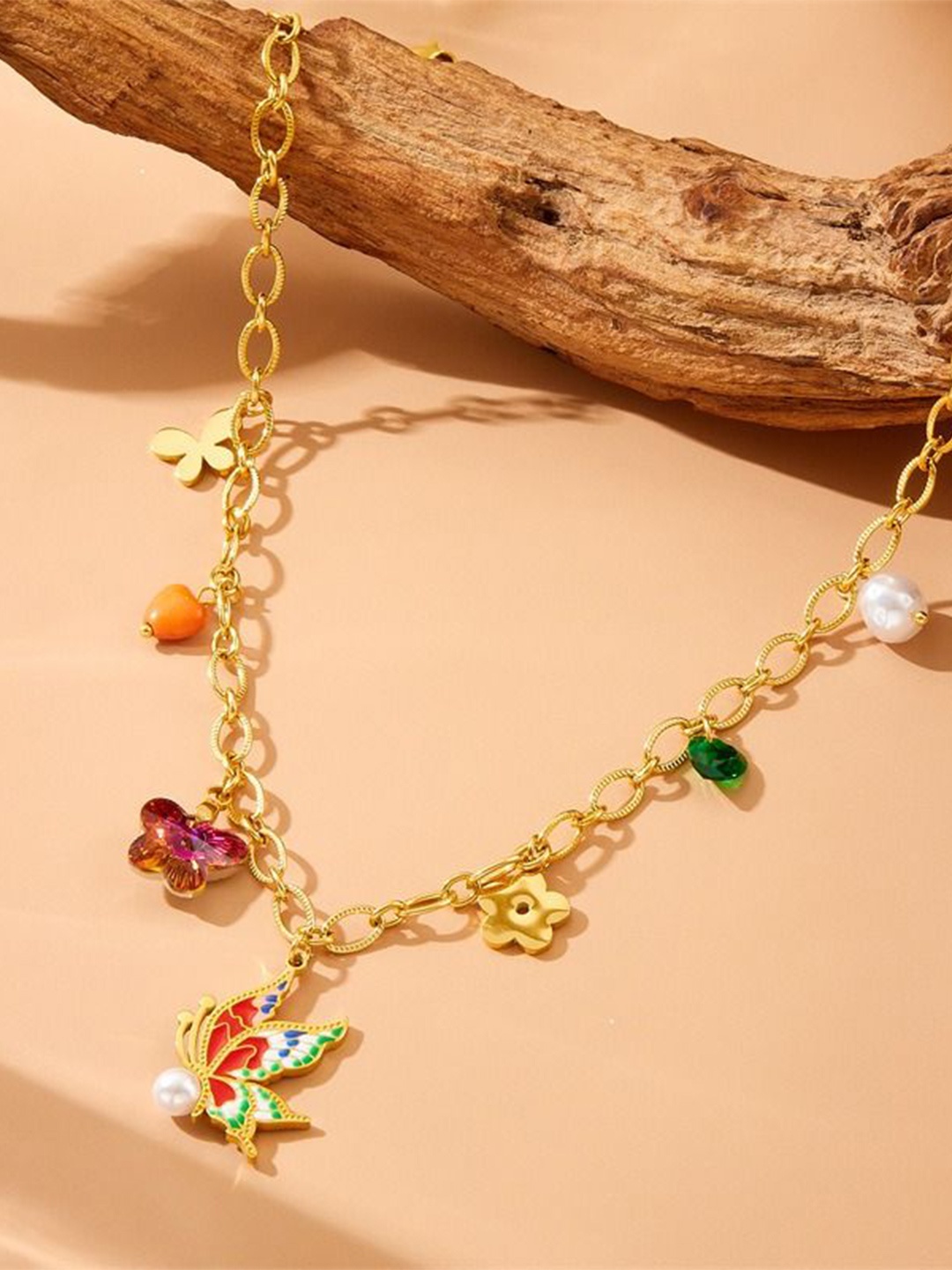 

VIEN Stainless Steel Gold-Plated Rhinestone & Pearl Beaded Enamel Butterfly Minimal Necklace