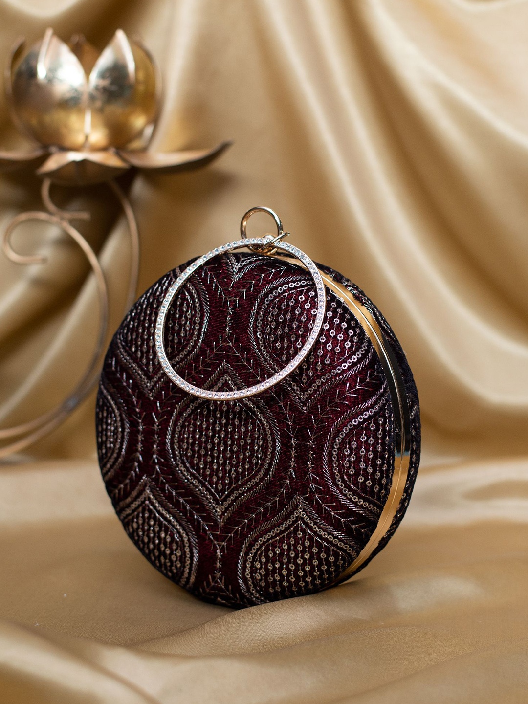 

ARTKLIM Embroidered Round Shaped Box Clutch, Maroon