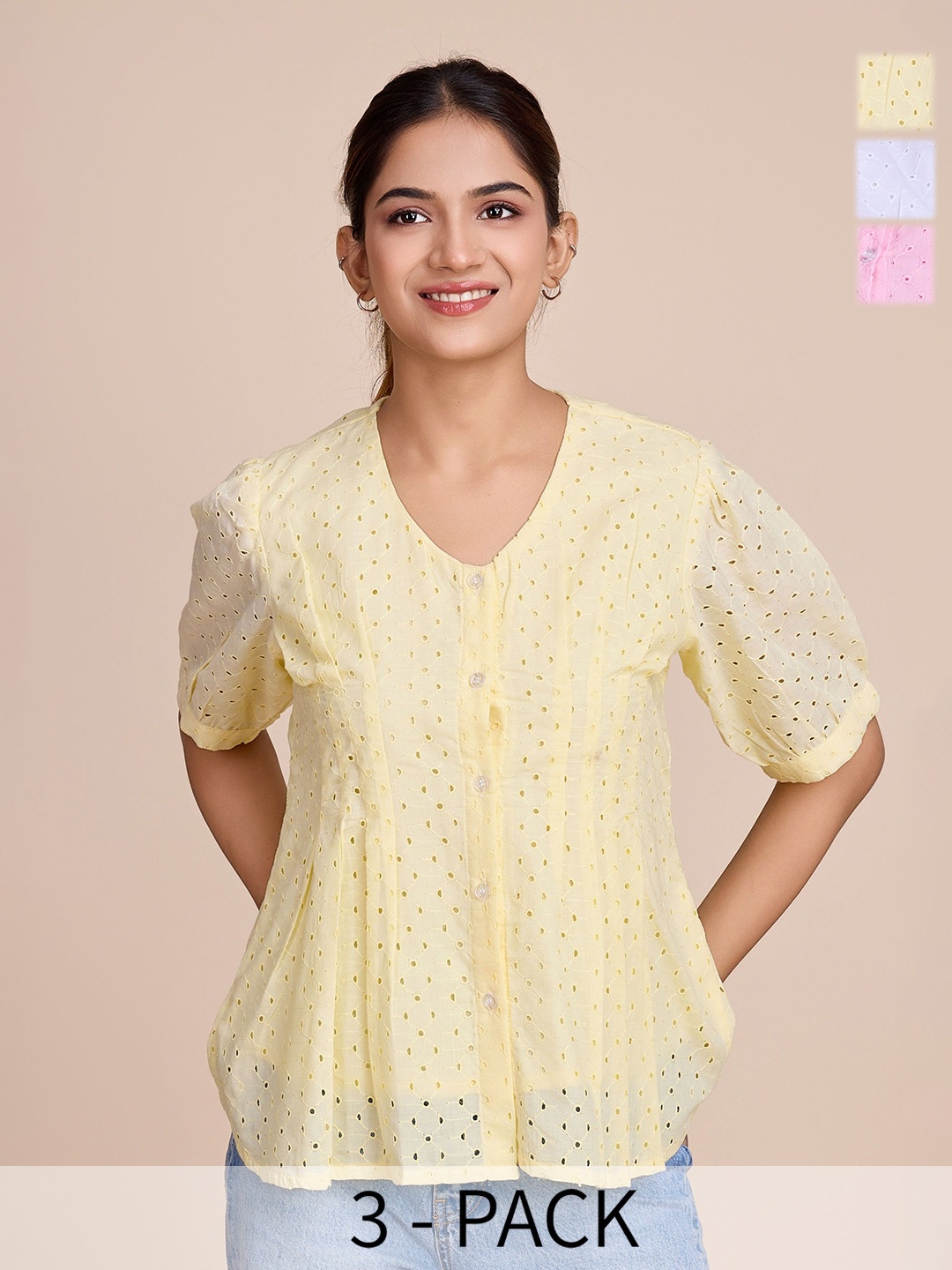 

HOUSE OF MIRA Women Pack Of 3 Puff Sleeves Cotton Top, Beige