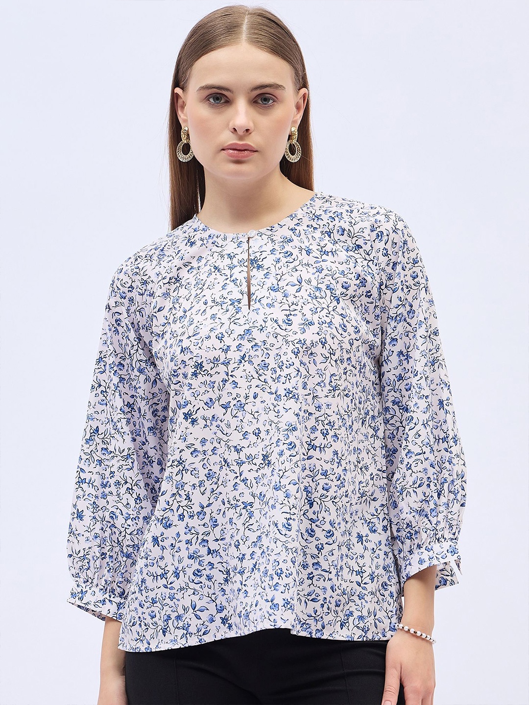 

DressBerry Women Floral Printed Puff Sleeves Top, White
