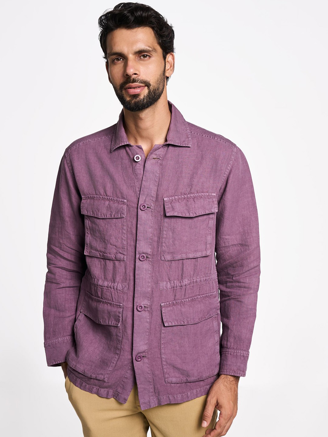 

Terra Luna Men Spread Collar Solid Cotton Casual Tailored Jacket, Purple