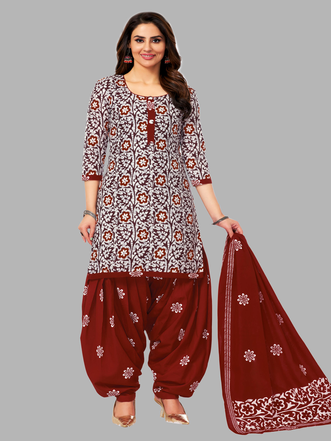 

Simmu Floral Printed Pure Cotton Unstitched Dress Material, Maroon