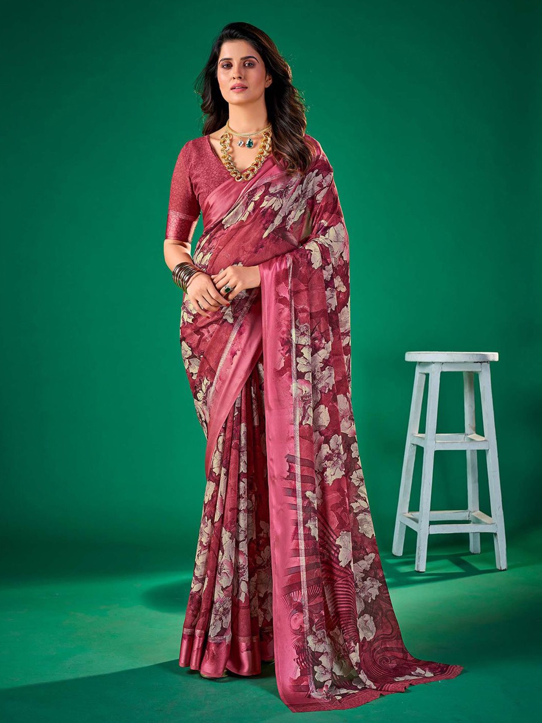 

Mitera Floral Pure Chiffon Muga Saree, Mauve
