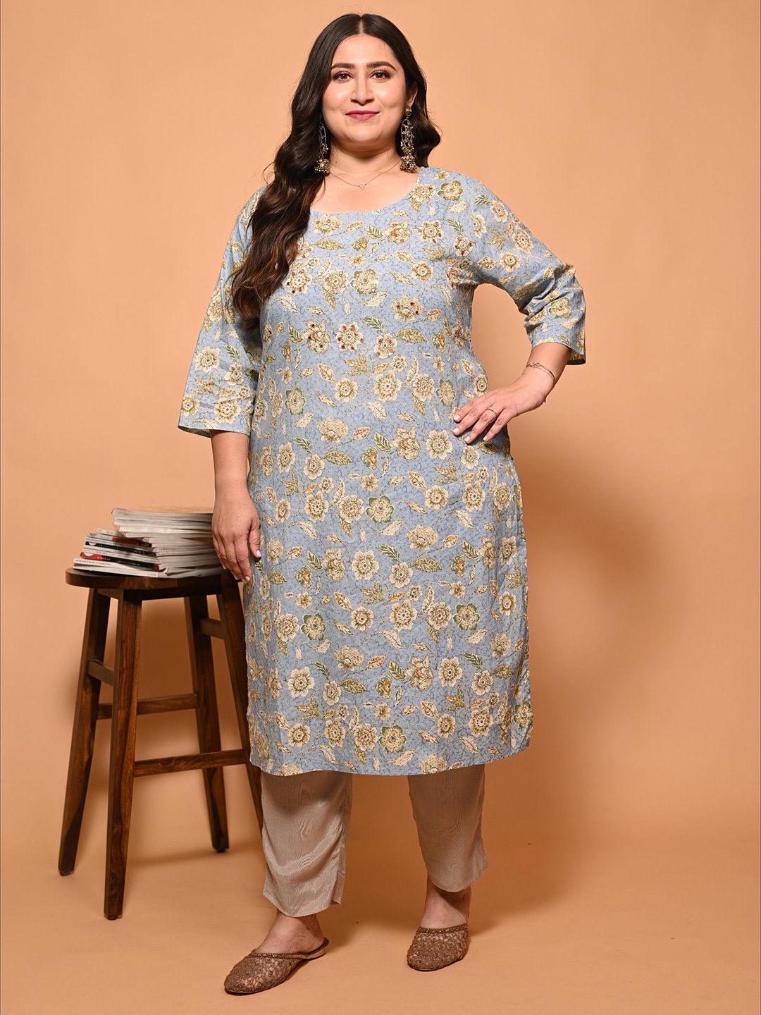 

GATIM Plus Size Floral Printed Round Neck Pure Cotton Straight Kurta, Blue