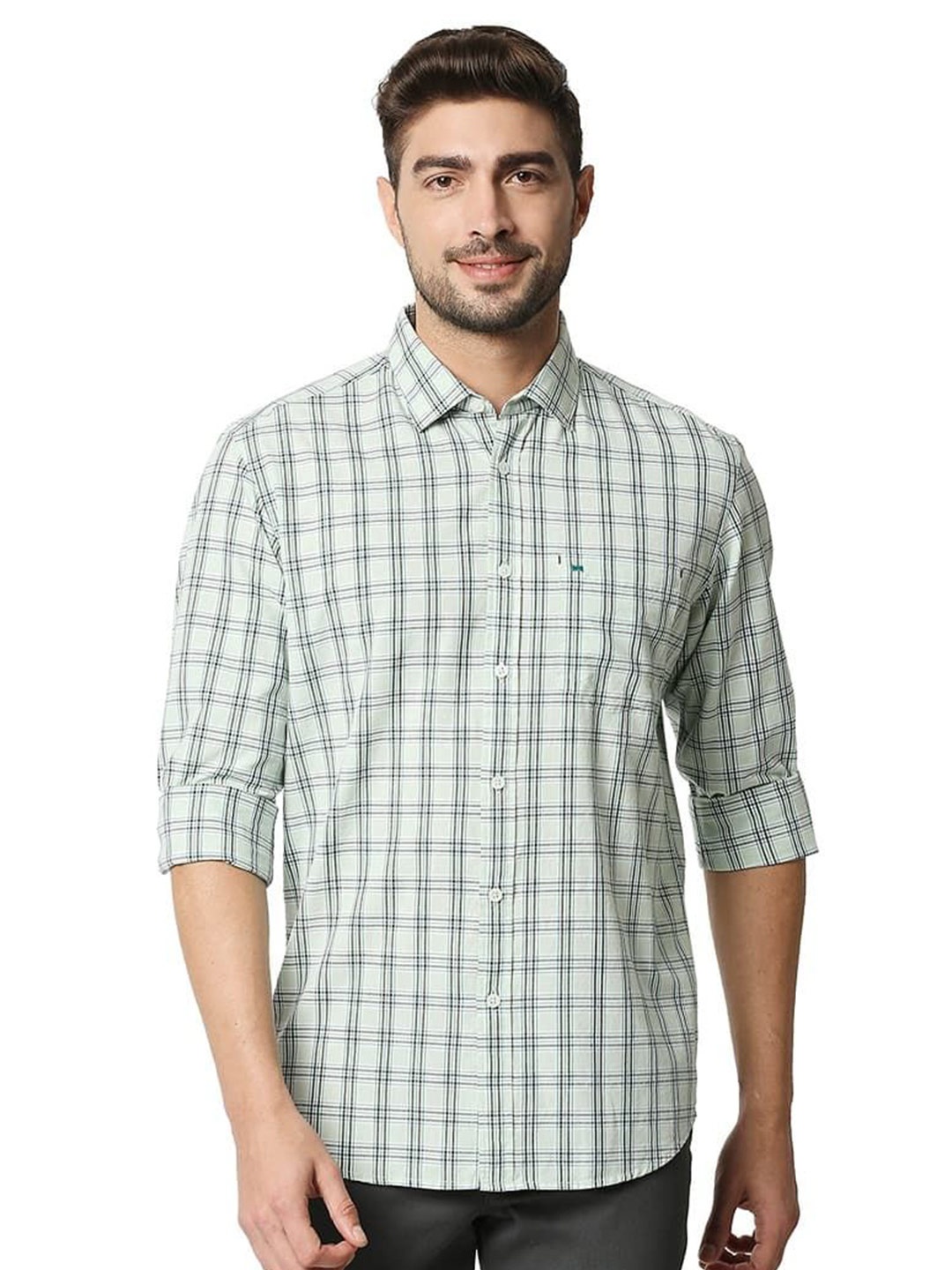 

Basics Men Relaxed Fit Spread Collar Checked Cotton Casual Shirt, Green