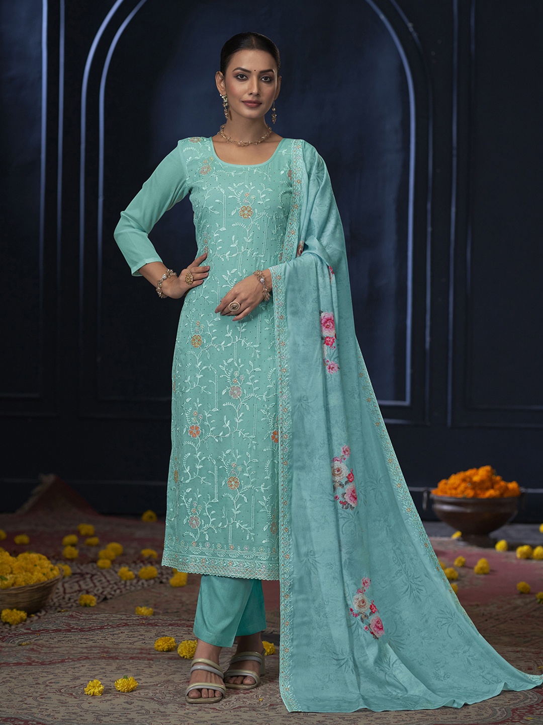 

Anouk Green Floral Embroidered Beads And Stones Georgette Unstitched Dress Material, Blue