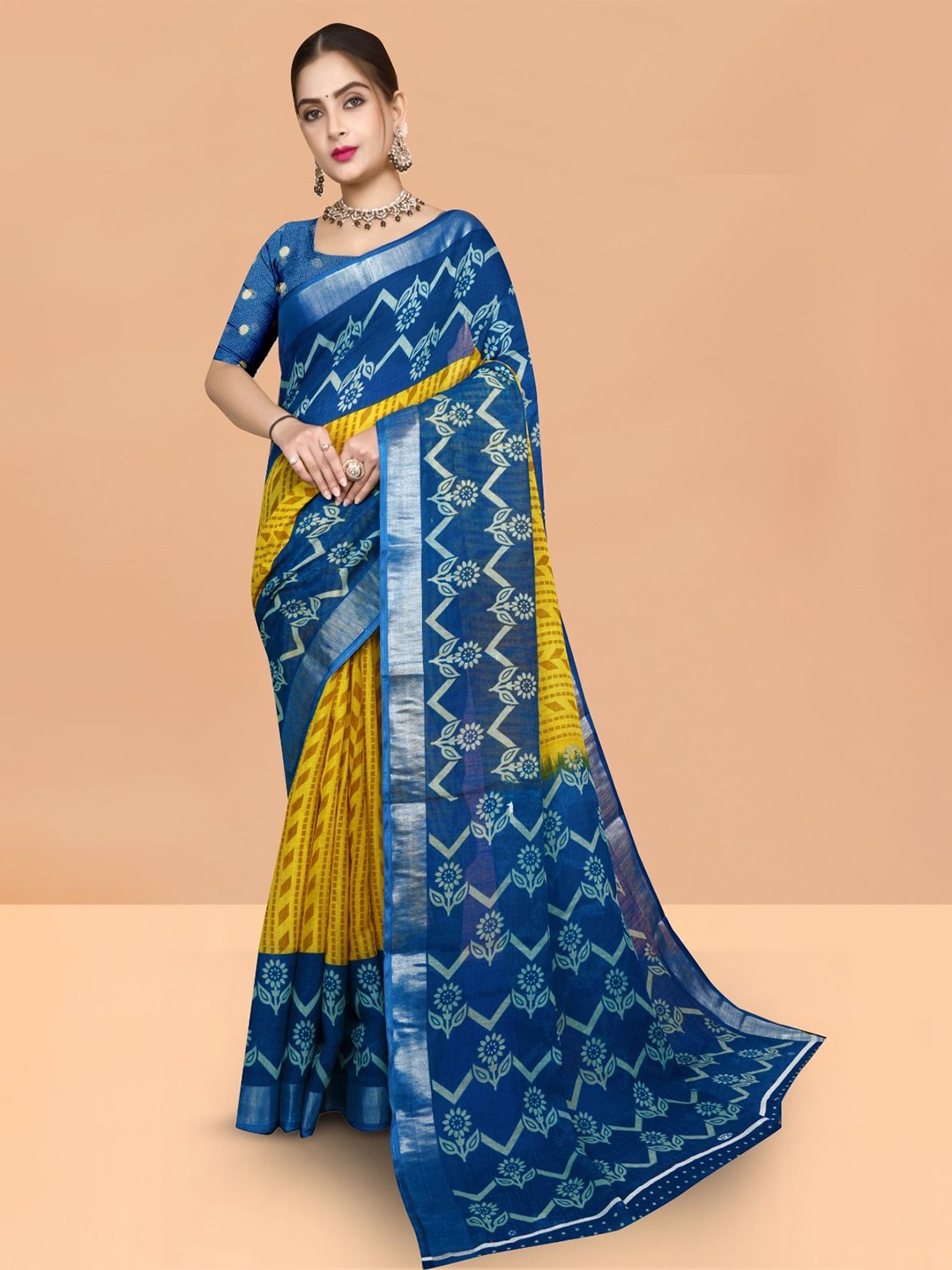 

Abhilasha Floral Zari Pure Cotton Maheshwari Saree, Blue