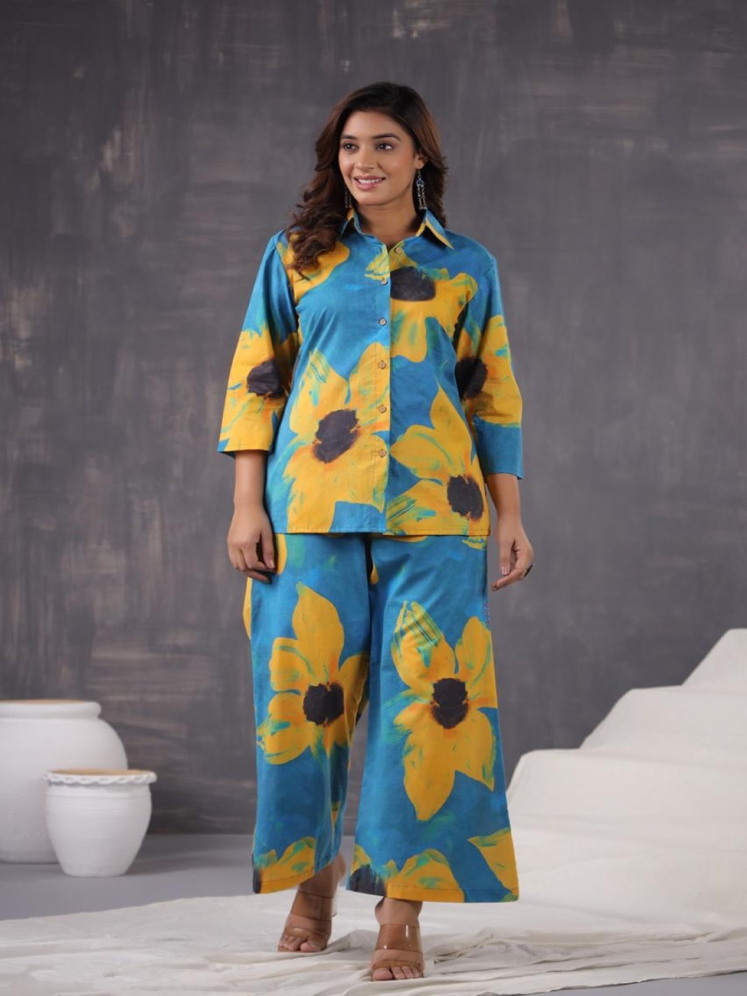 

AUTUMN LANE Jayti Sunflower Floral Printed Shirt Collar Pure Cotton Shirt With Palazzo, Blue