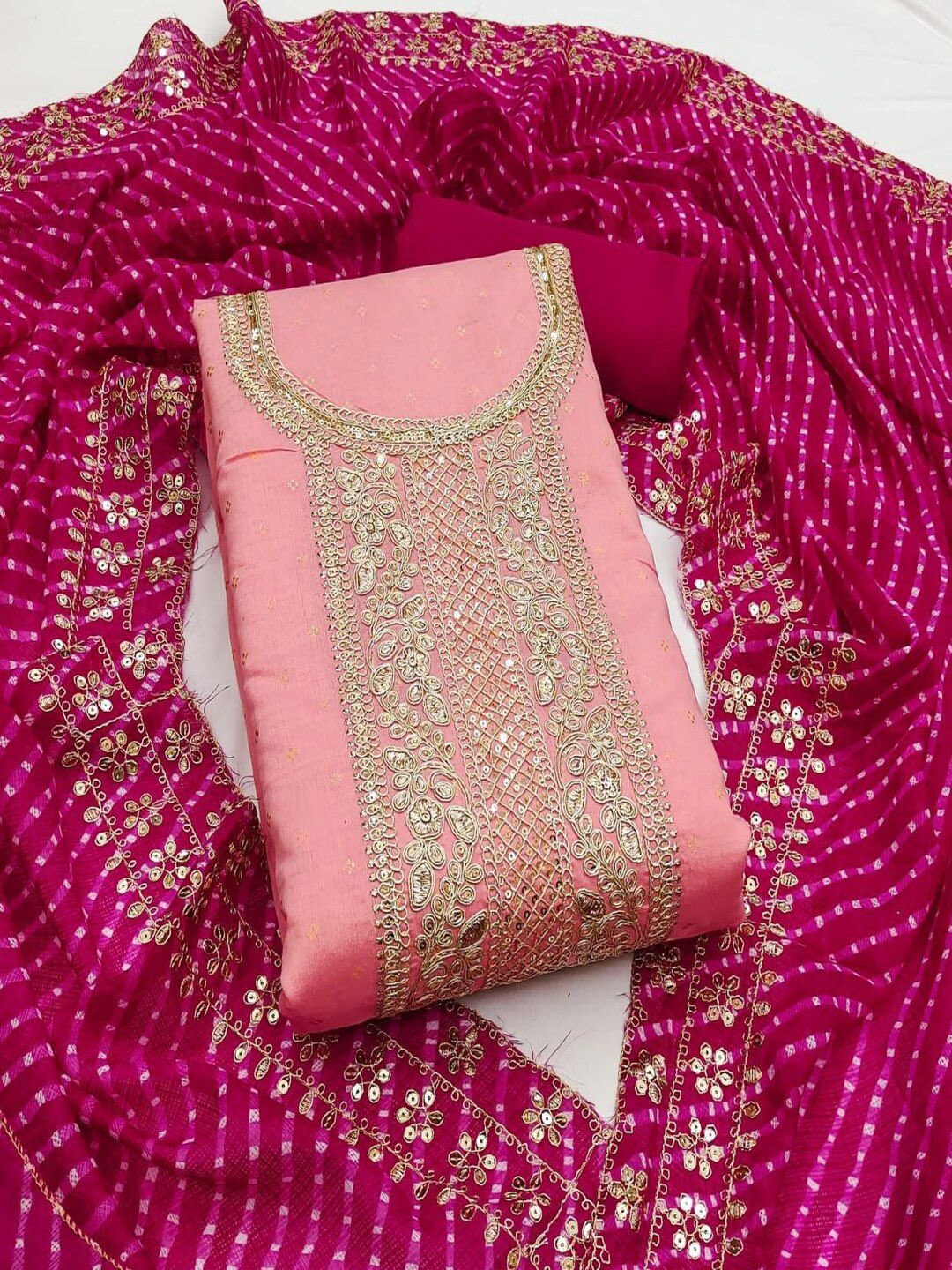 

SHIJILA Floral Embroidered Zari Unstitched Dress Material, Pink