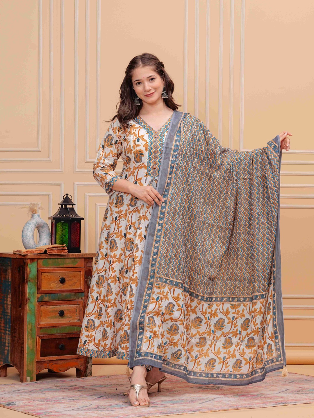 

MissKurti Floral Printed V-Neck Pure Cotton A-Line Kurta With Trouser & Dupatta, Off white