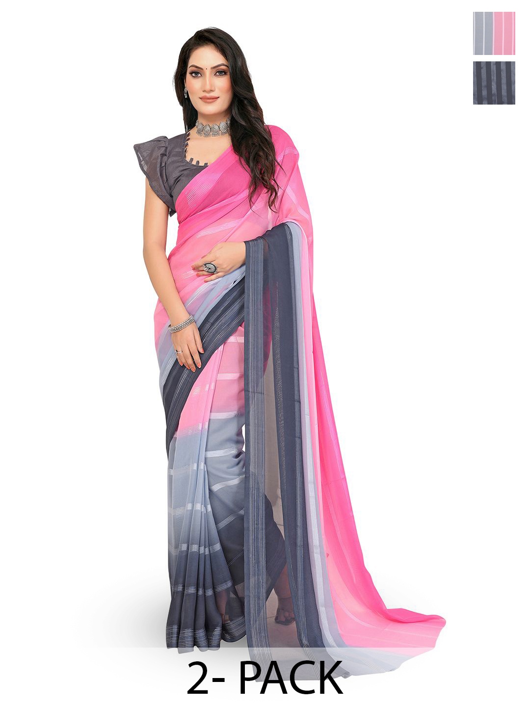 

Moda Rapido Set of 2 Striped Satin Sarees, Pink