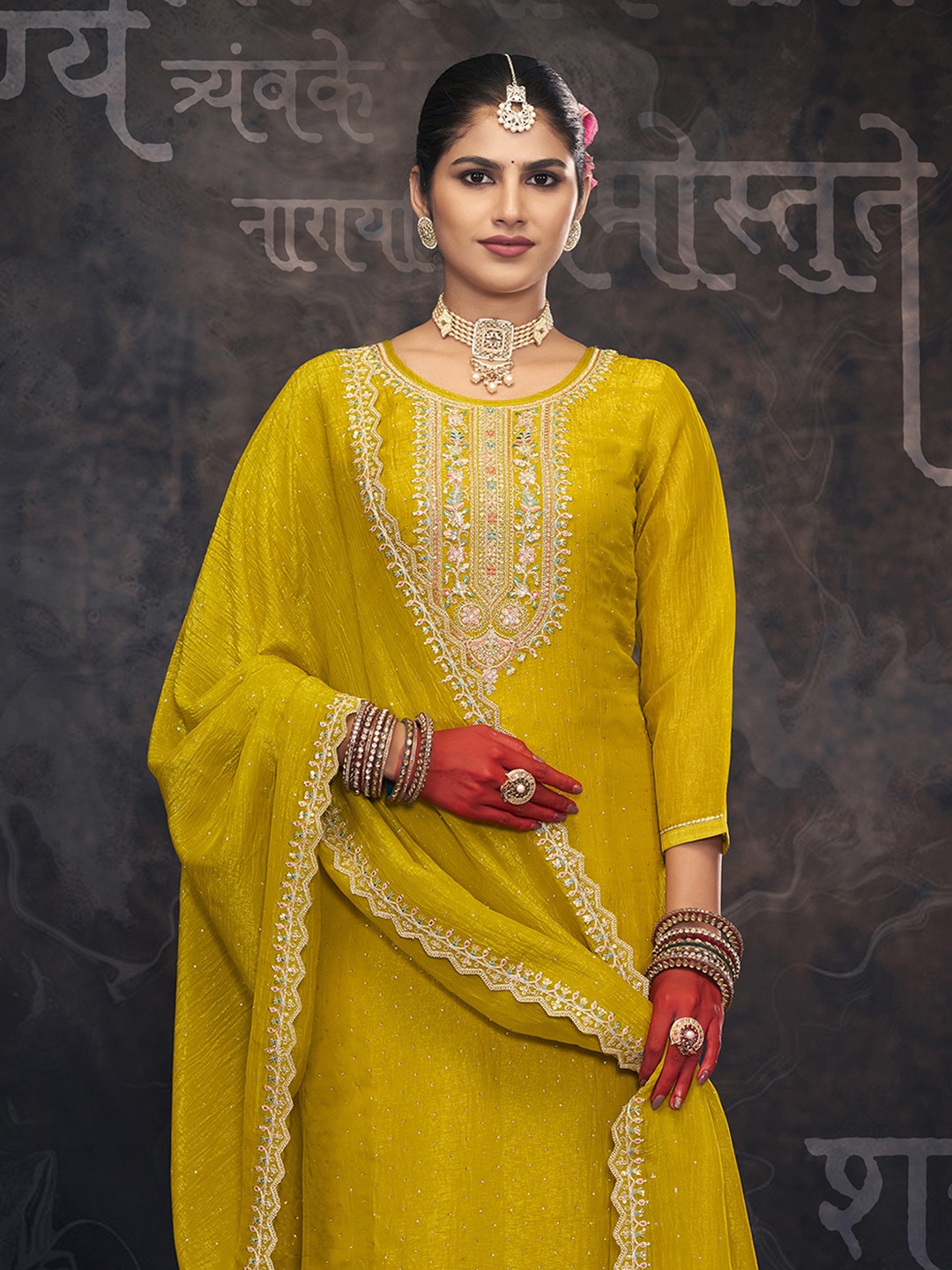 

Anouk Yellow Zari Floral Embroidered Jarkan work Unstitched Dress Material
