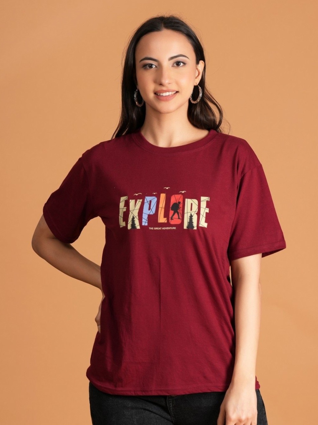 

BAESD Women Typography Printed Round Neck Cotton Relaxed Fit T-shirt, Maroon