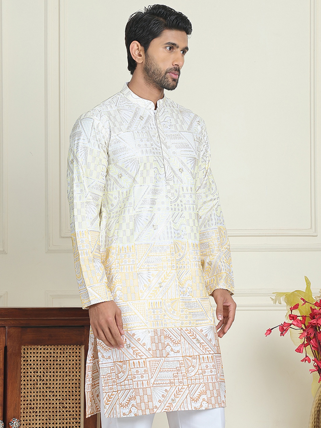 

Jompers Ethnic Motifs Embroidered Mandarin Collar Thread Work Straight Kurtas, Yellow