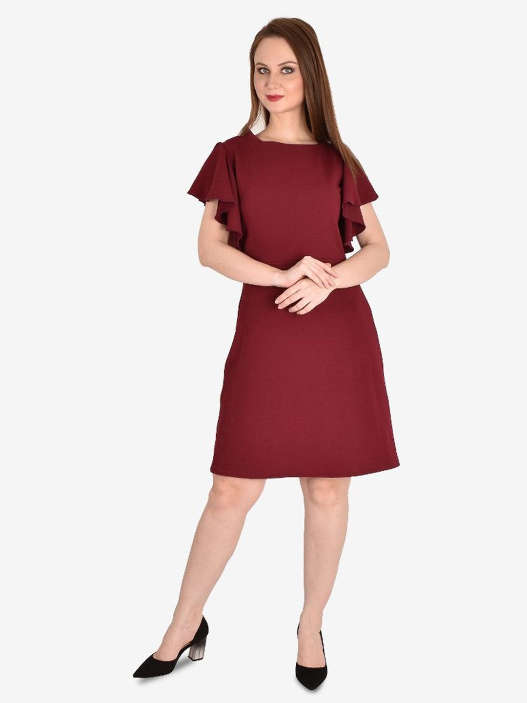 

MISS HAUTE Flutter Sleeve A-Line Dress, Maroon