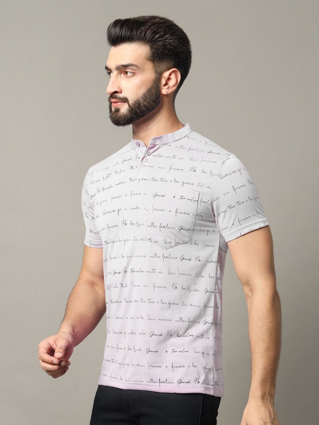 

RELANE Men Typography Printed Mandarin Collar Cotton T-shirt, White