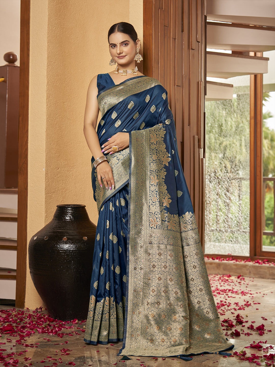 

SAREETHNIC Woven Design Zari Pure Silk Banarasi Saree, Blue