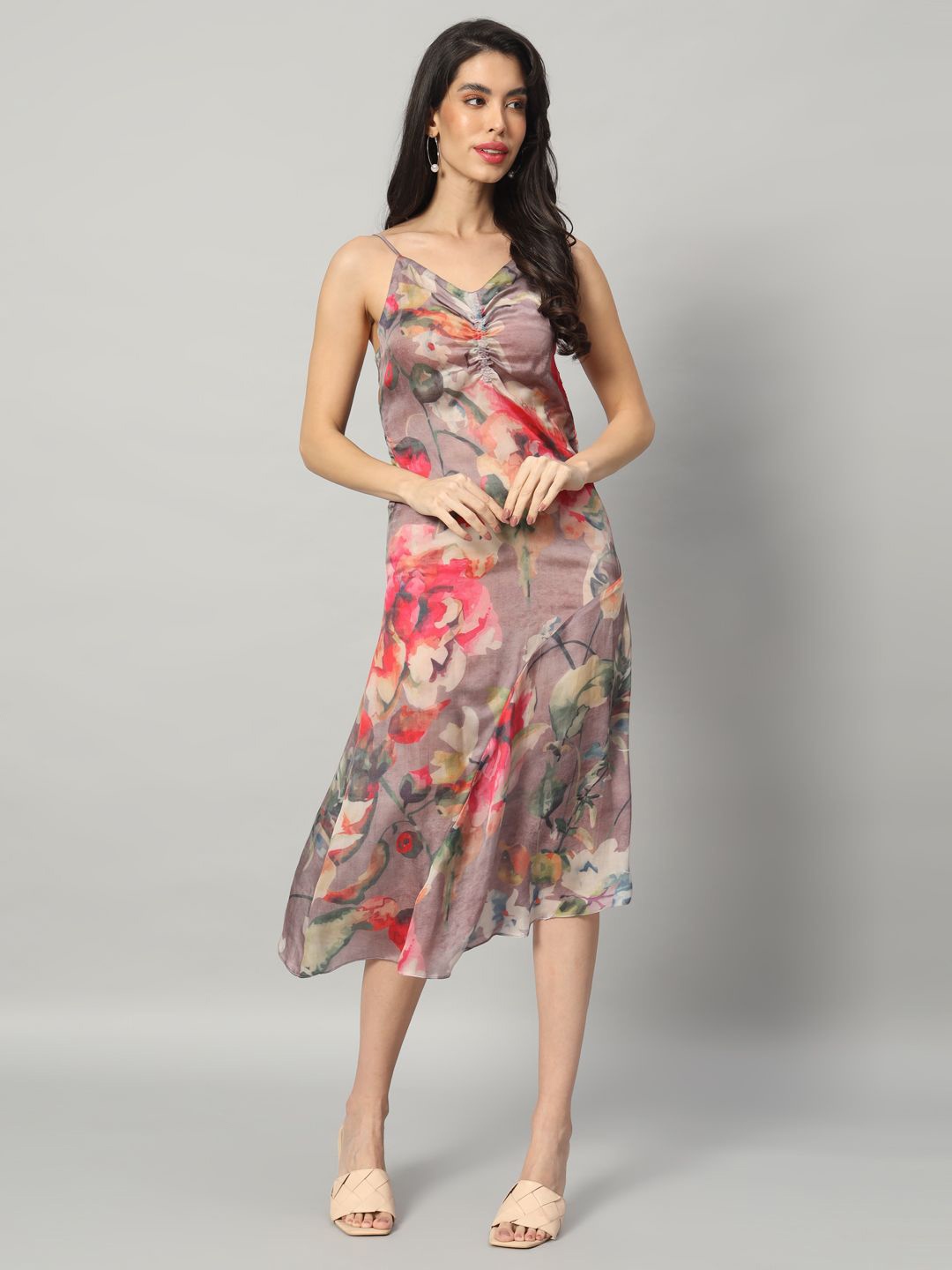 

BRIJAL LAD Floral Print Halter Neck Satin A-Line Midi Dress, Purple