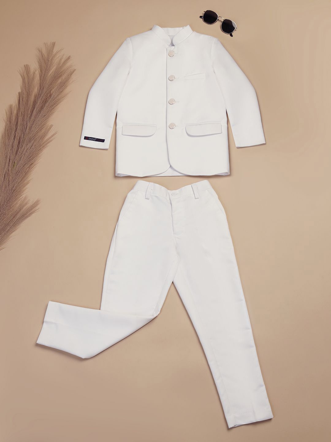 

TAHVO Boys Mandarin Collar Bandhgala Blazer Suit, White