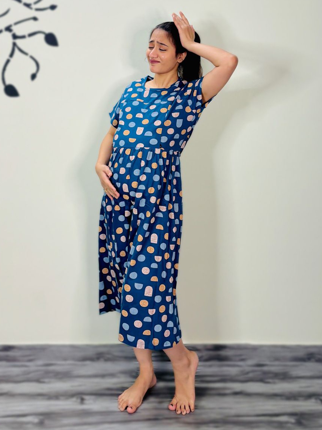 

SWEET MOON Polka Dot Printed Cotton Maternity Nightdress, Blue