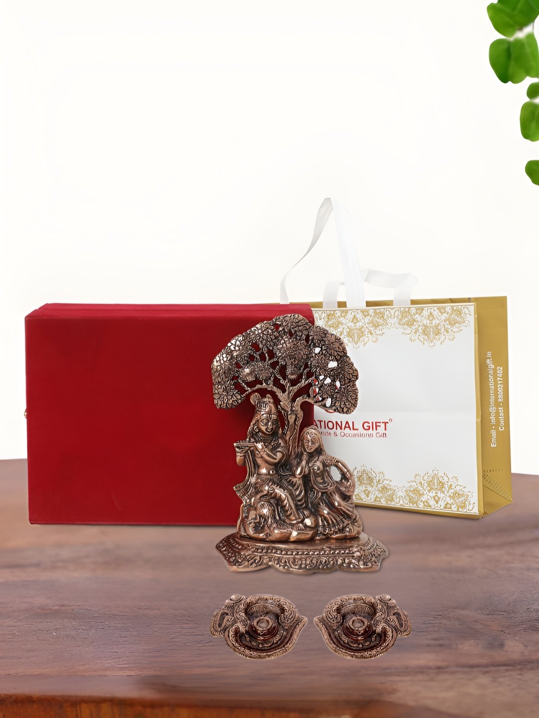 

INTERNATIONAL GIFT Brown Radha Krishna Idol with 2 Diya and Box, Copper