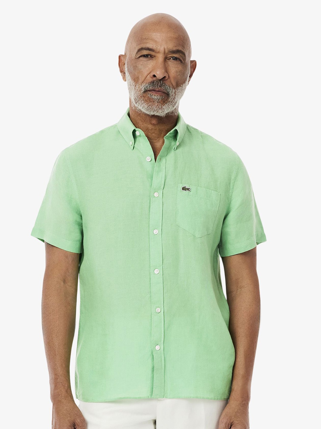 

Lacoste Men Button-Down Collar Solid Linen Casual Shirt, Green