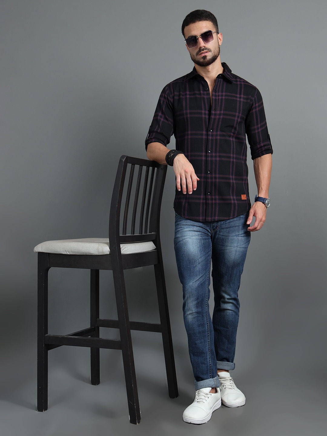 

Tallwalker Men Straight Fit Spread Collar Tartan Checked Cotton Casual Shirt, Black