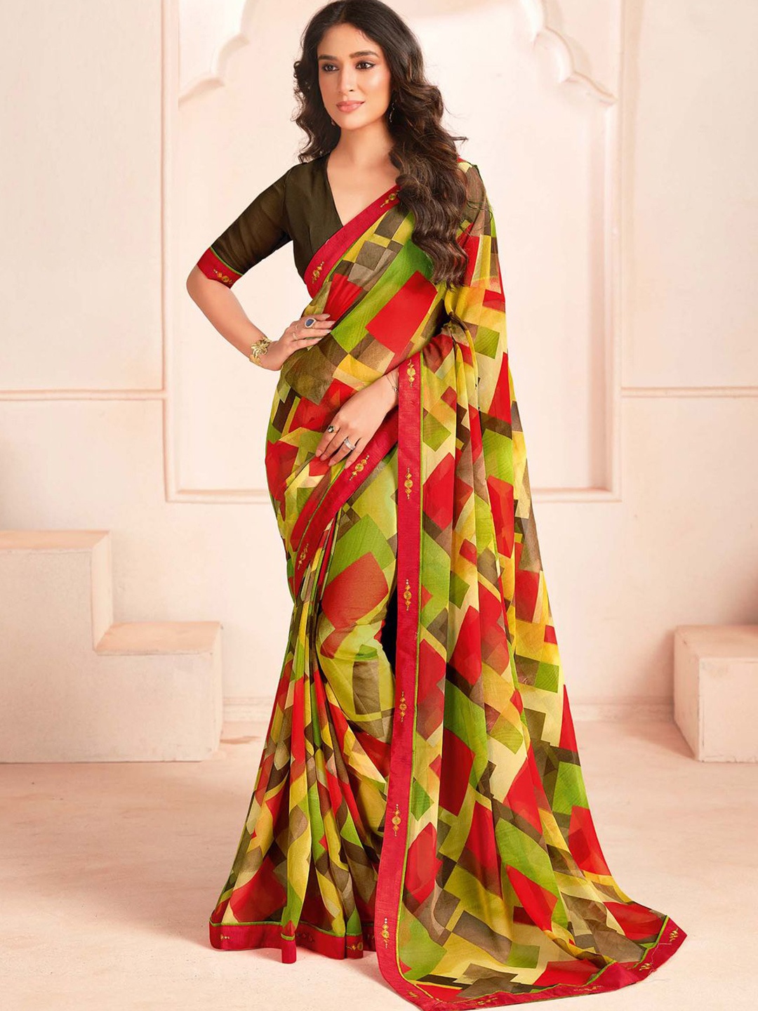 

House Of Pataudi Printed Saree With Blouse, Olive