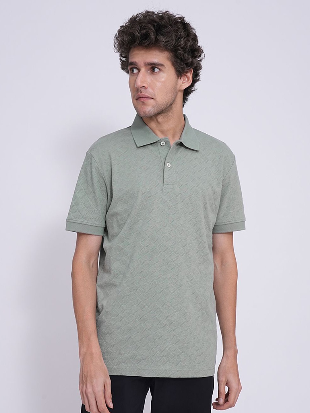 

SELECTED Men Self Design Polo Collar Cotton Relaxed Fit T-shirt, Green