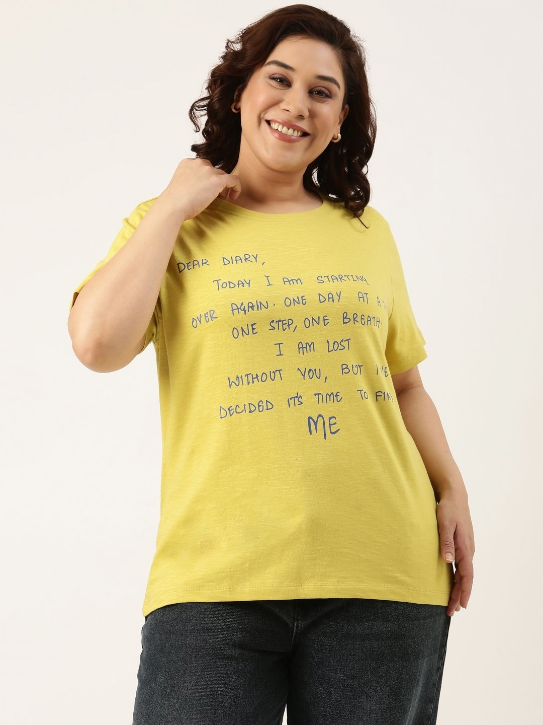 

MARCA Bold Women Plus Size Typography Printed Round Neck Cotton T-shirt, Lime green