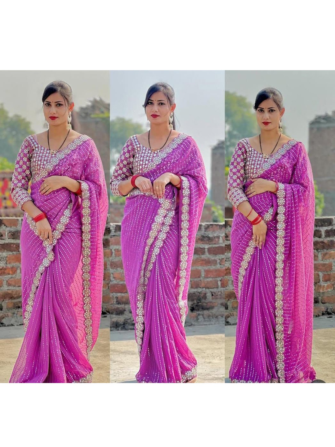 

MANSUBHA Embellished Beads and Stones Pure Georgette Designer Banarasi Saree, Pink