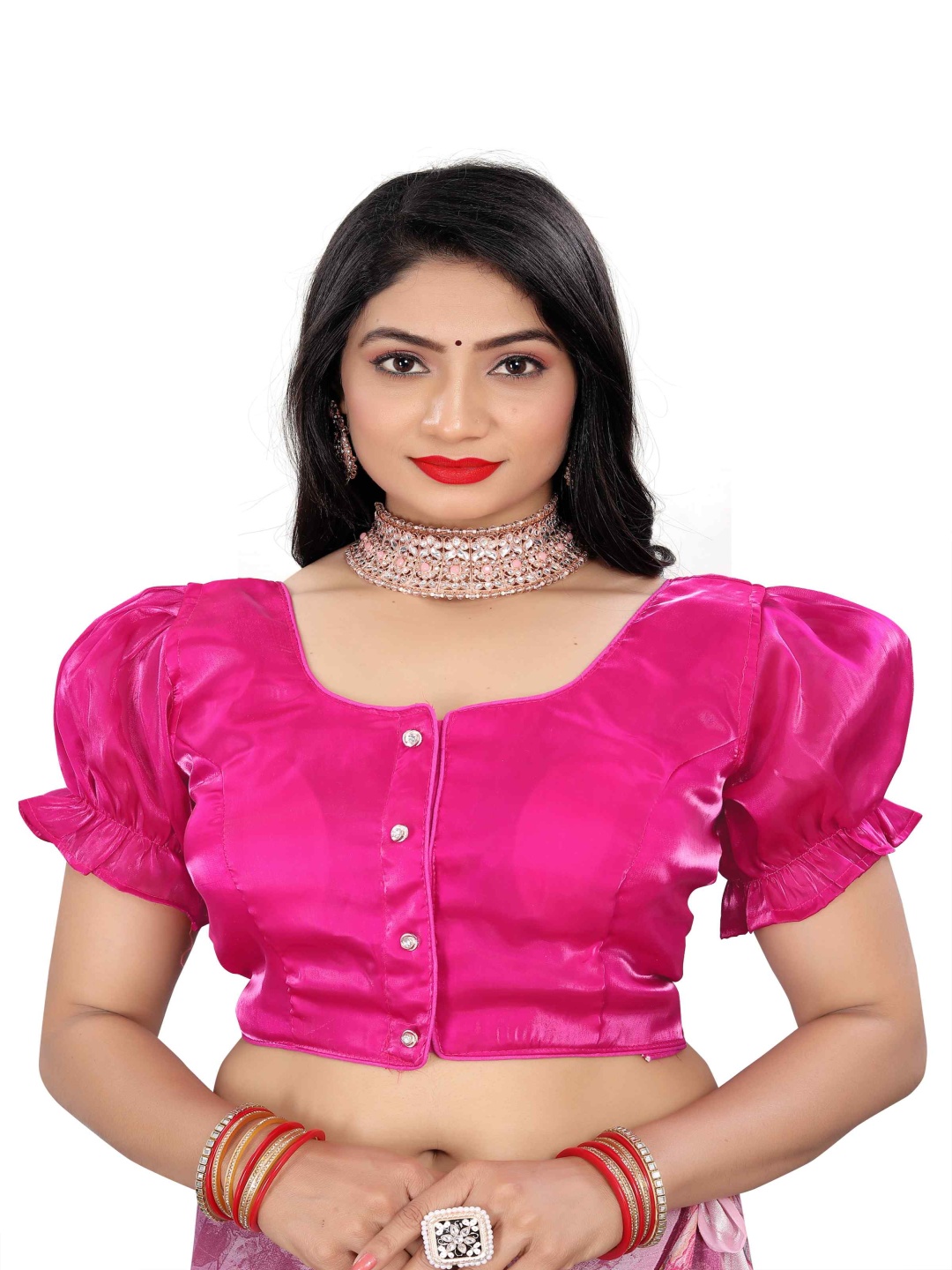 

HERE&NOW Round Neck Beads and Stones Saree Blouse, Pink