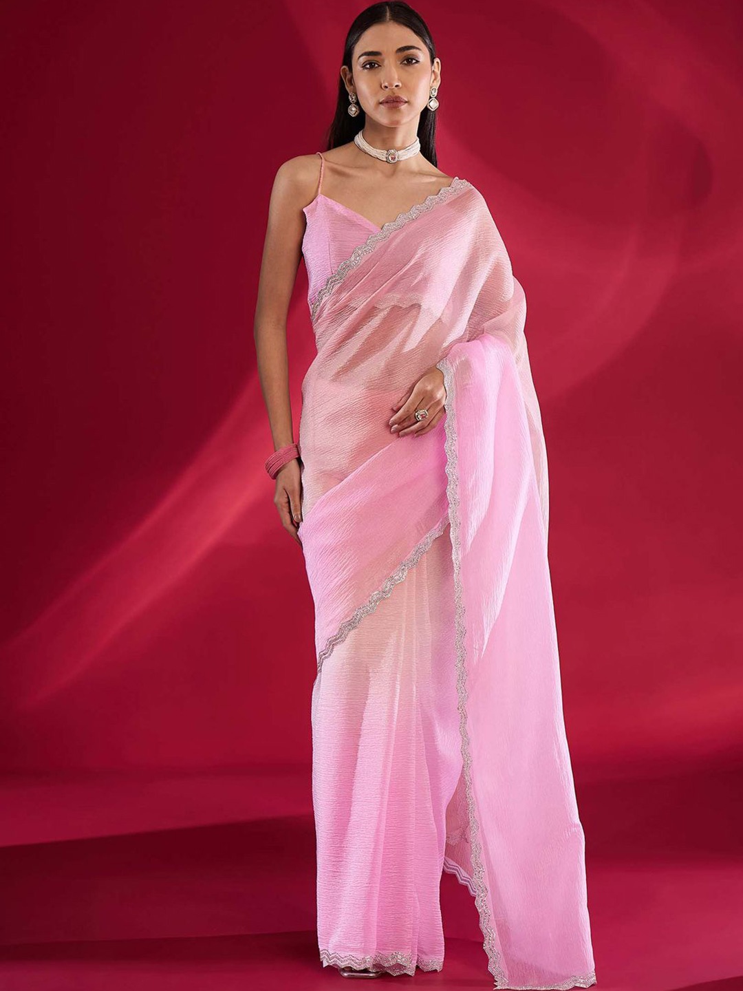 

all about you Embellished Beads and Stones Tissue Designer Saree, Pink