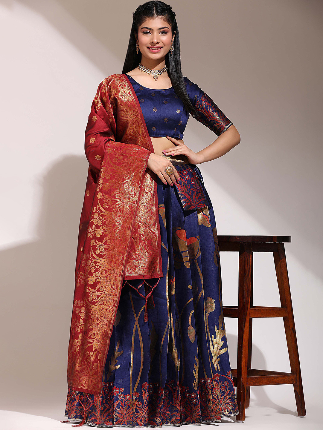 

DIVASTRI Woven Design Zari Silk Semi-Stitched Lehenga & Unstitched Blouse With Dupatta, Navy blue