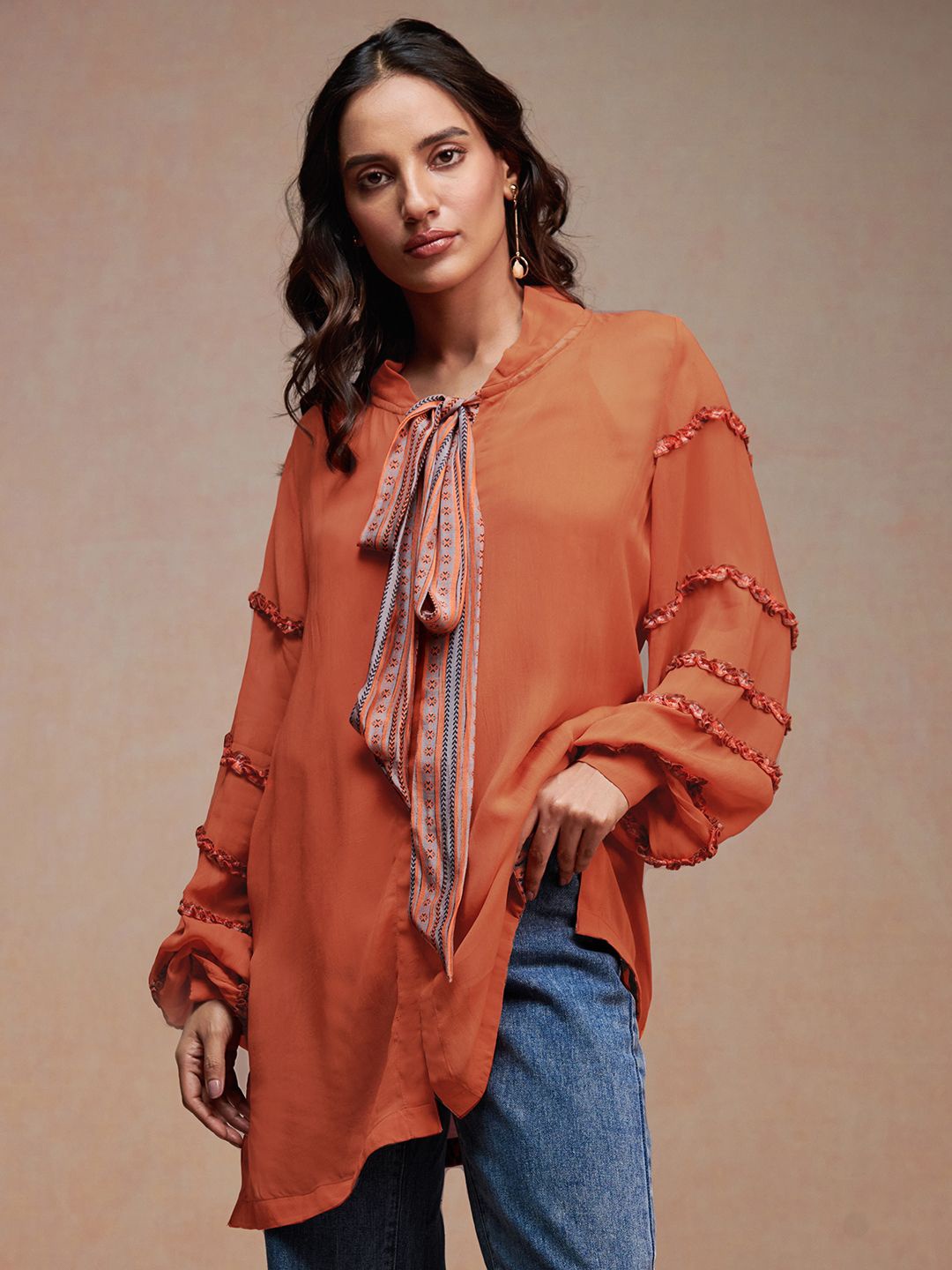 

SAUNDH Tie-Up Neck Cotton Georgette Shirt Style Top, Rust