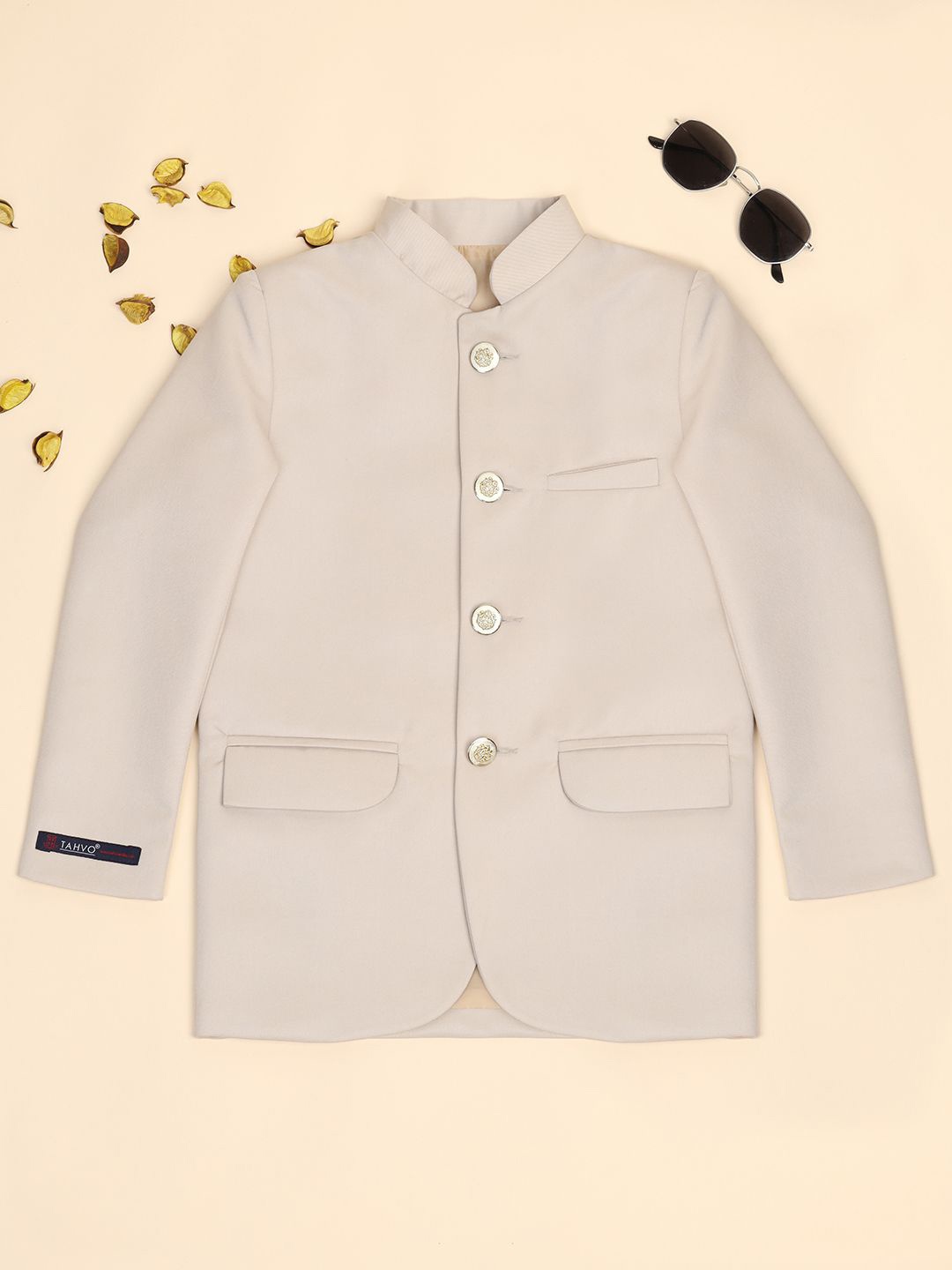 

TAHVO Boys Mandarin Collar Bandhgala Formal Blazers, Beige