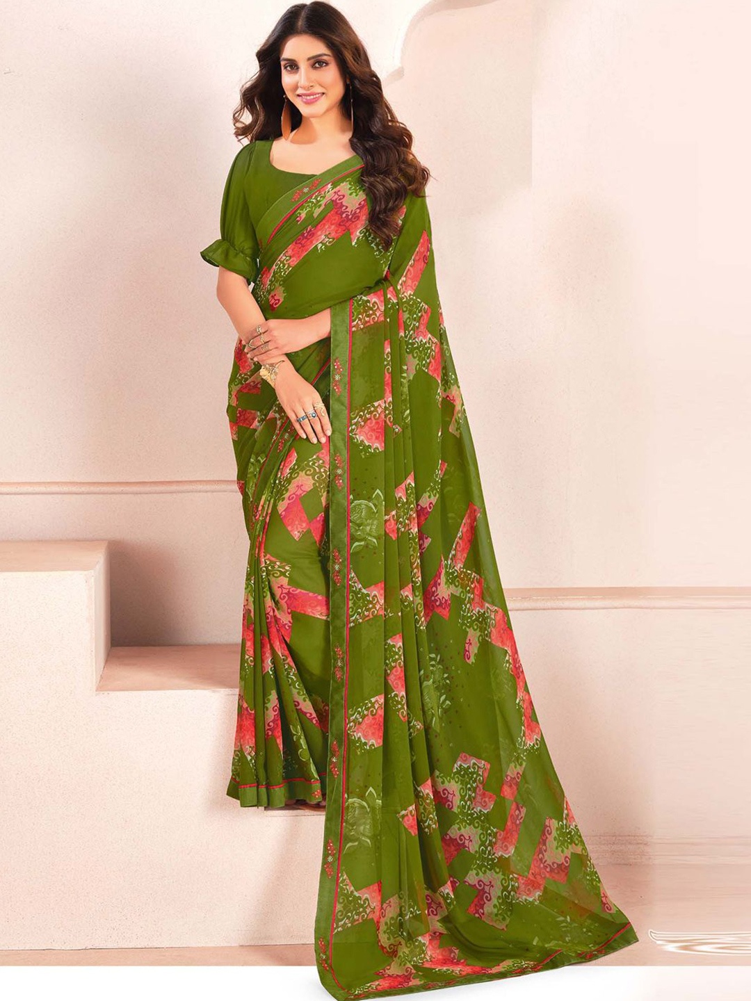 

House Of Pataudi Printed Saree With Blouse, Olive