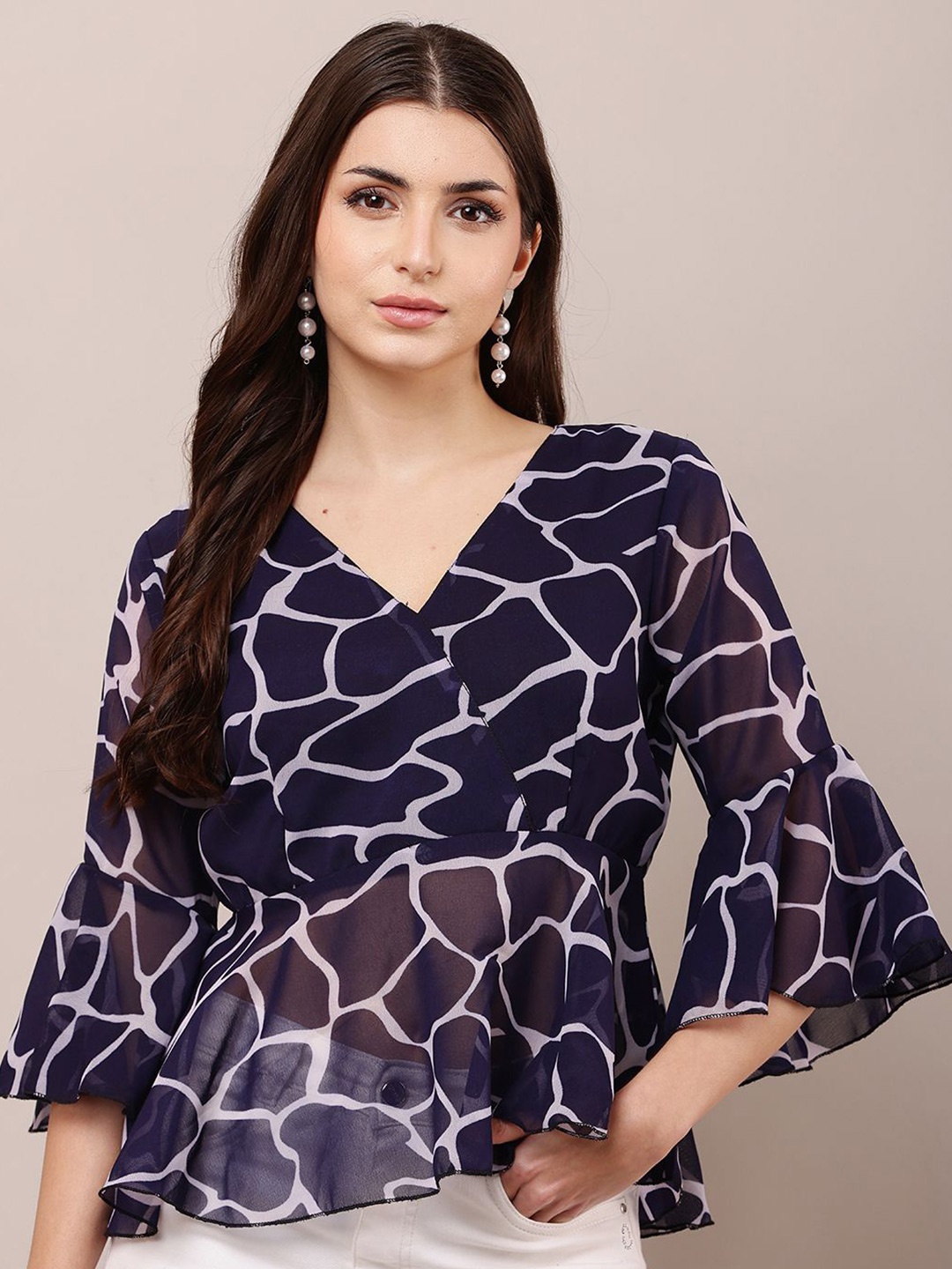 

Raabta Fashion Women Printed Bell Sleeve Georgette Top, Black