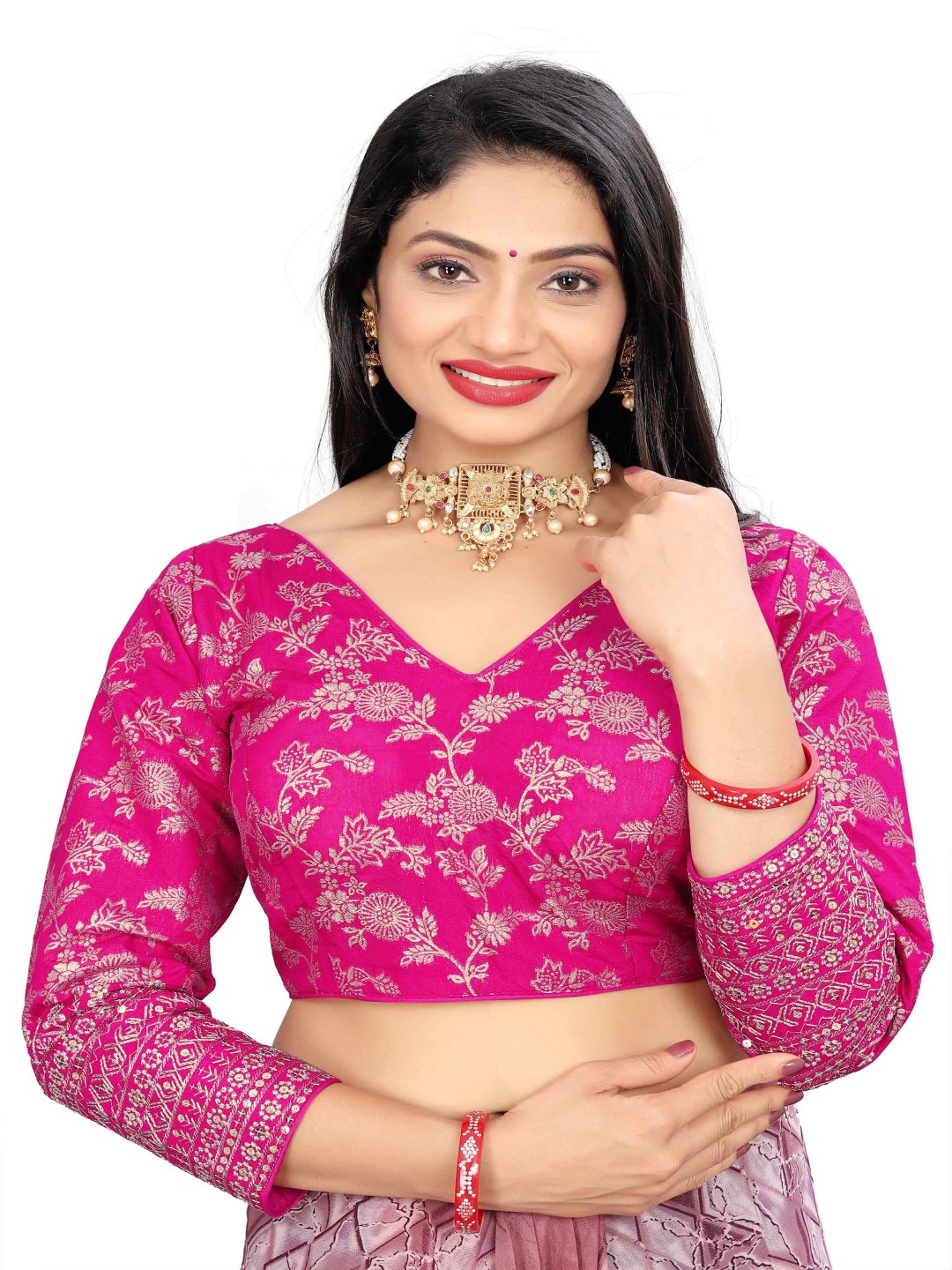 

HERE&NOW Embroidered V Neck Saree Blouse, Pink