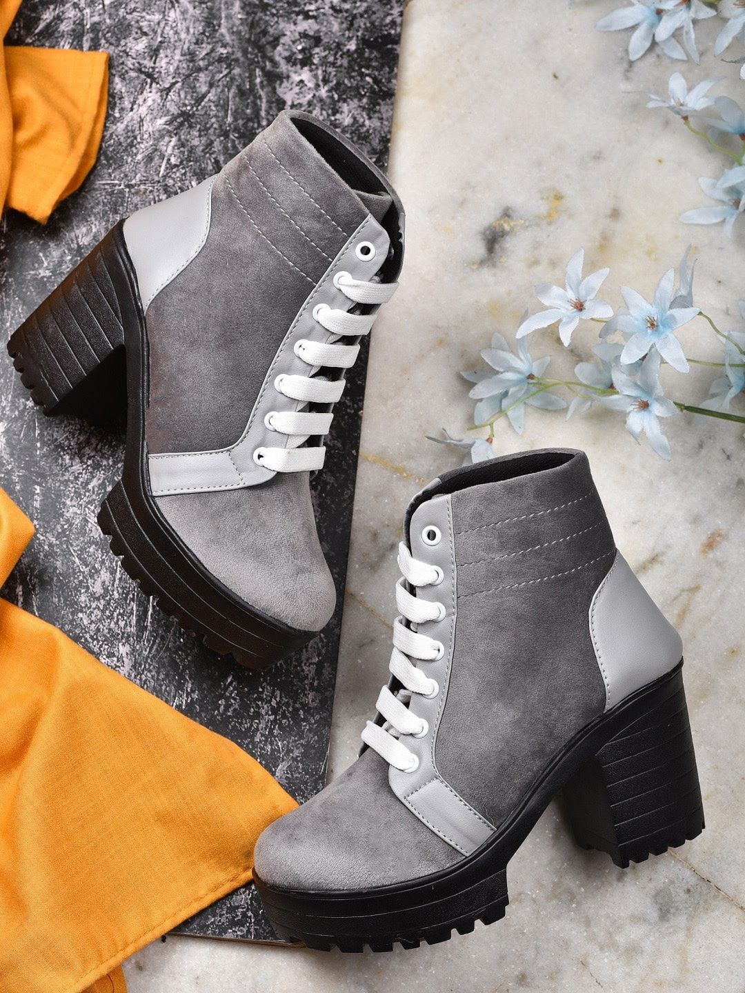 

Killer Women Lace-Up Block-Heeled Chunky Boots, Grey