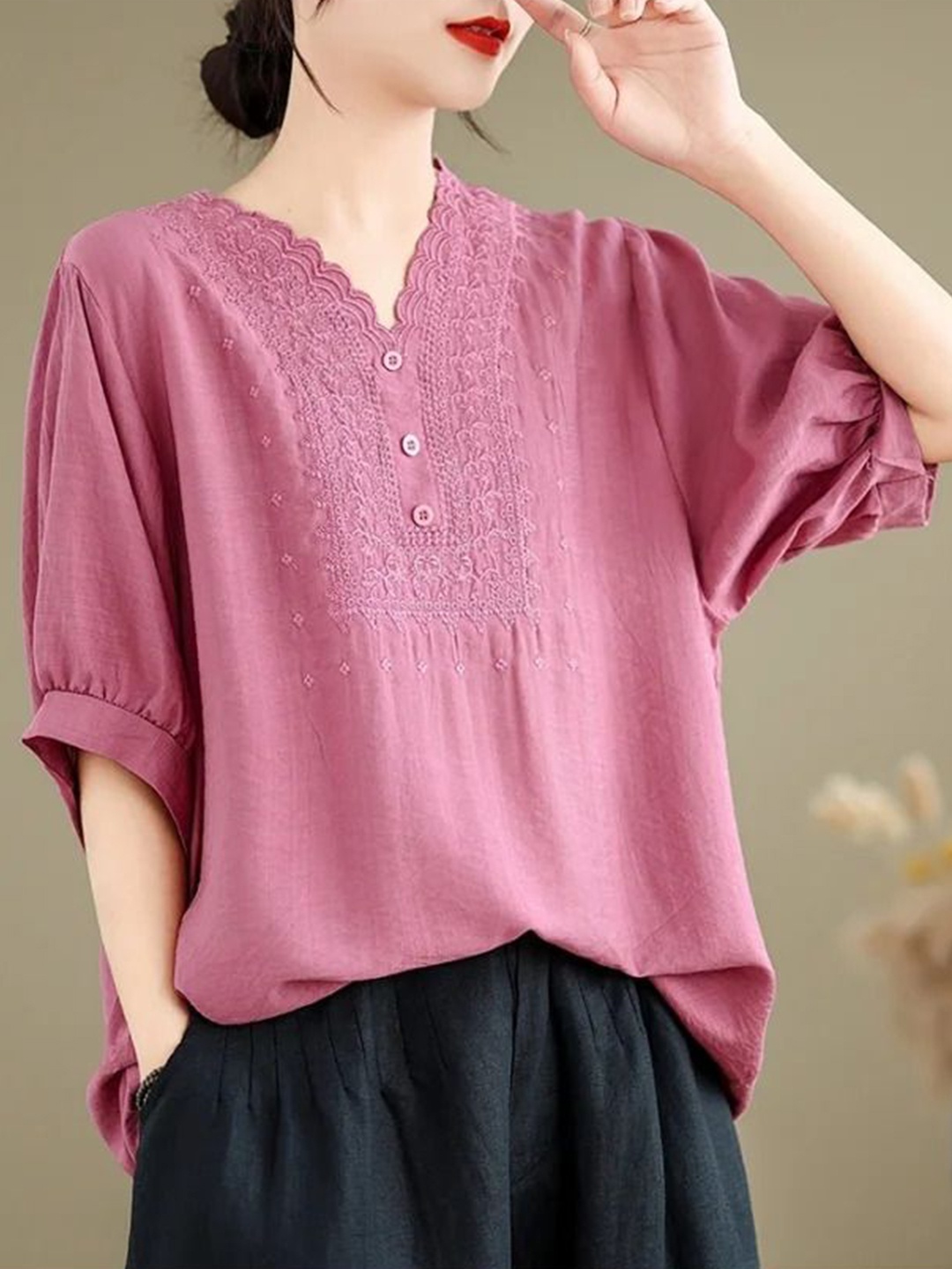 

Sidhidata Women V-Neck Embroidered Solid Top, Pink