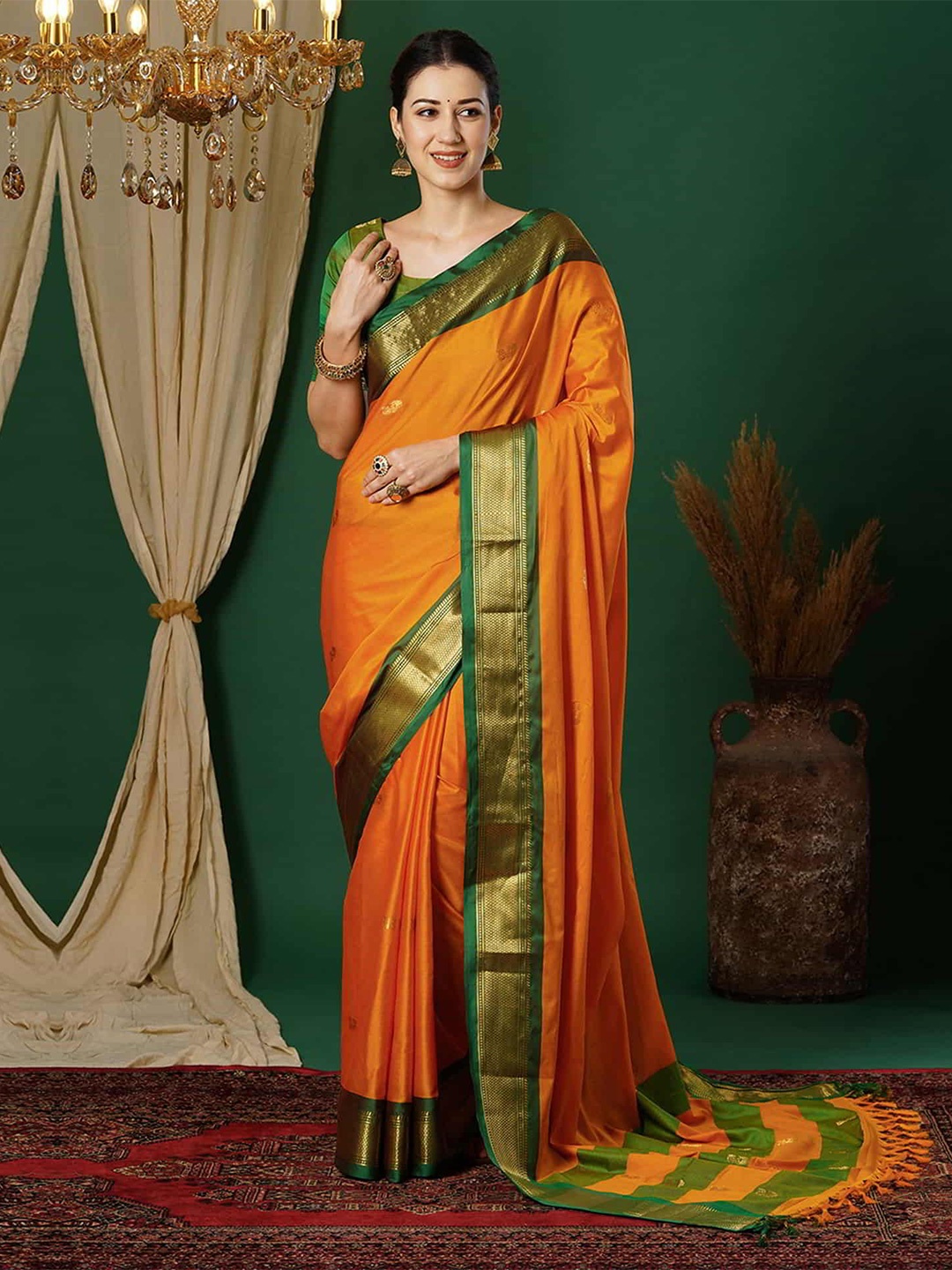 

DIVASTRI Woven Design Zari Pure Silk Mysore Silk Saree, Orange