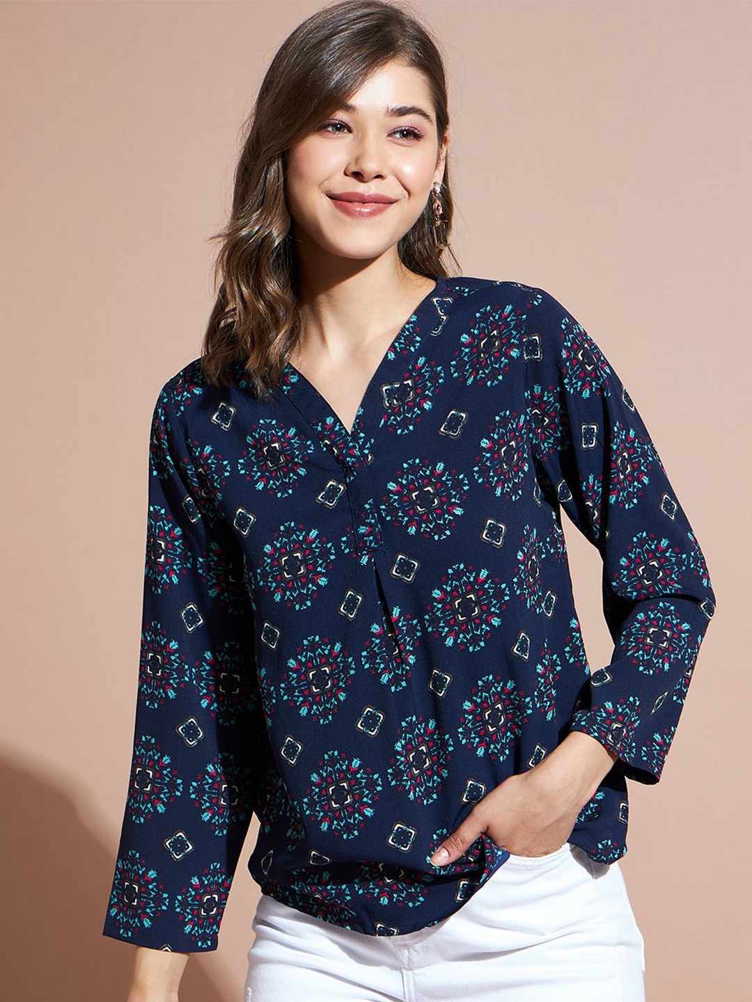 

DressBerry Floral Print Crepe Blouson Top, Navy blue