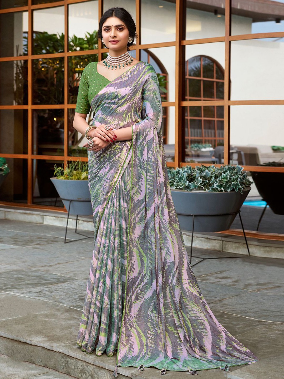 

LeeliPeeri Designer Abstract Printed Saree With Tassels, Pink
